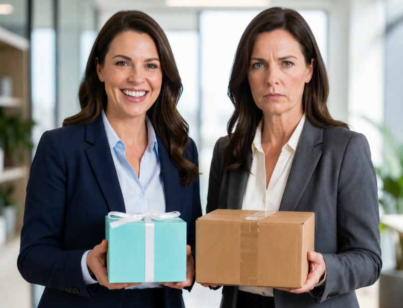 Two women standing side-by-side each one holding a package representing a branded research incentives and on the left she's smiling and holding a nicely wrapped gift on the left. She's not so happy and holding a taped up cardboard box.