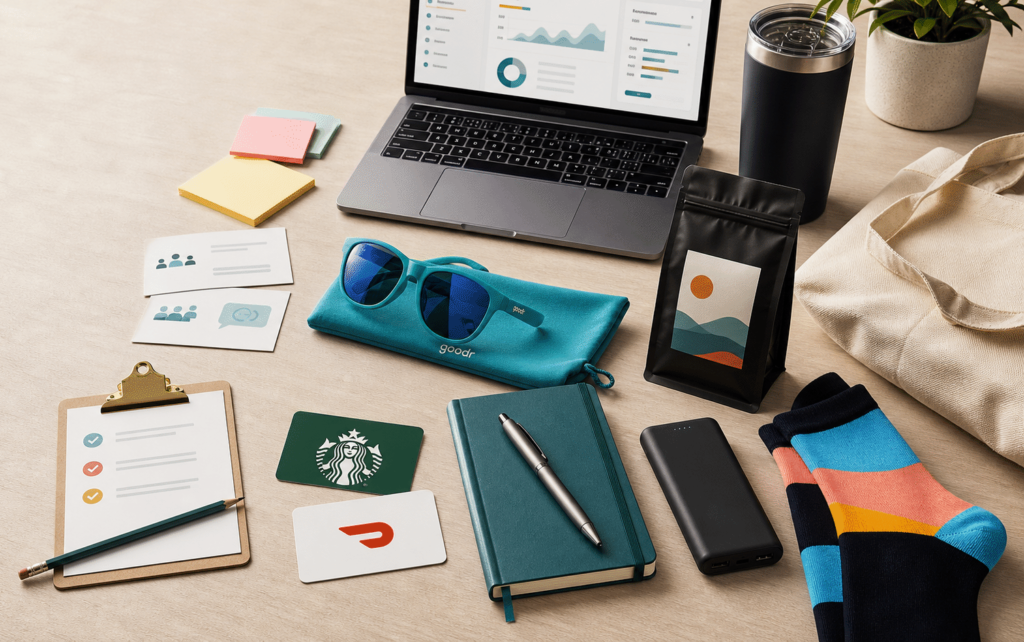 A desk covered with swag and merchandise options in addition to gift cards as part of payouts for research programs