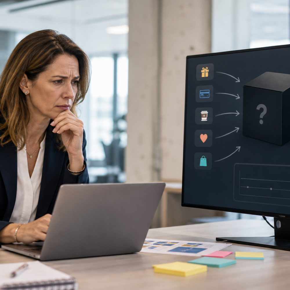 Marketing professional staring at her incentive platform confused because they don't report on incentives claimed. TruCentive provides full visibility in to reward claim rates
